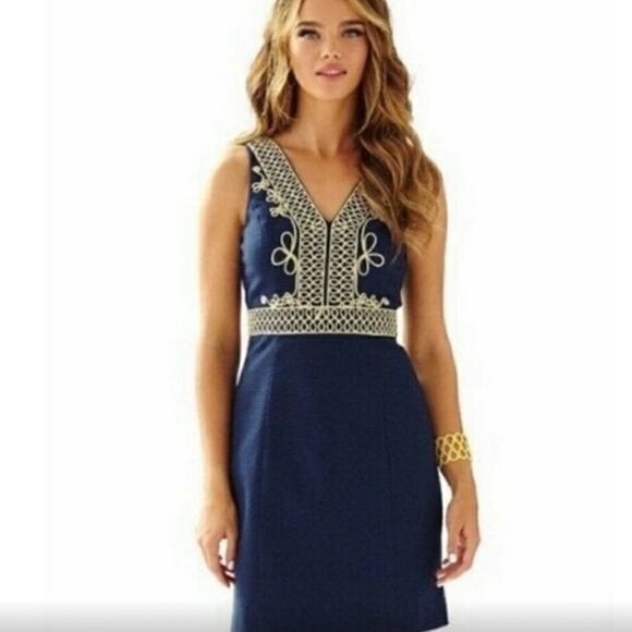 Lilly Pulitzer Dresses & Skirts - Lilly Pulitzer Aveline Navy Blue Metallic Gold Trim Sleeveless Shift Dress